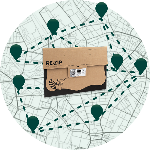 Graphic of route on map with packaging image