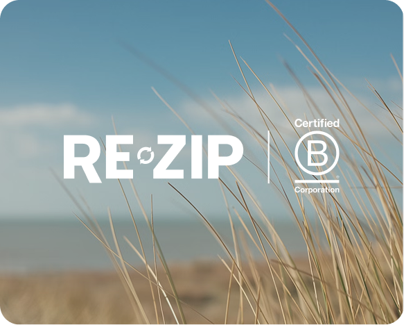 RE-ZIP and B Corp logos on a photo of a coast